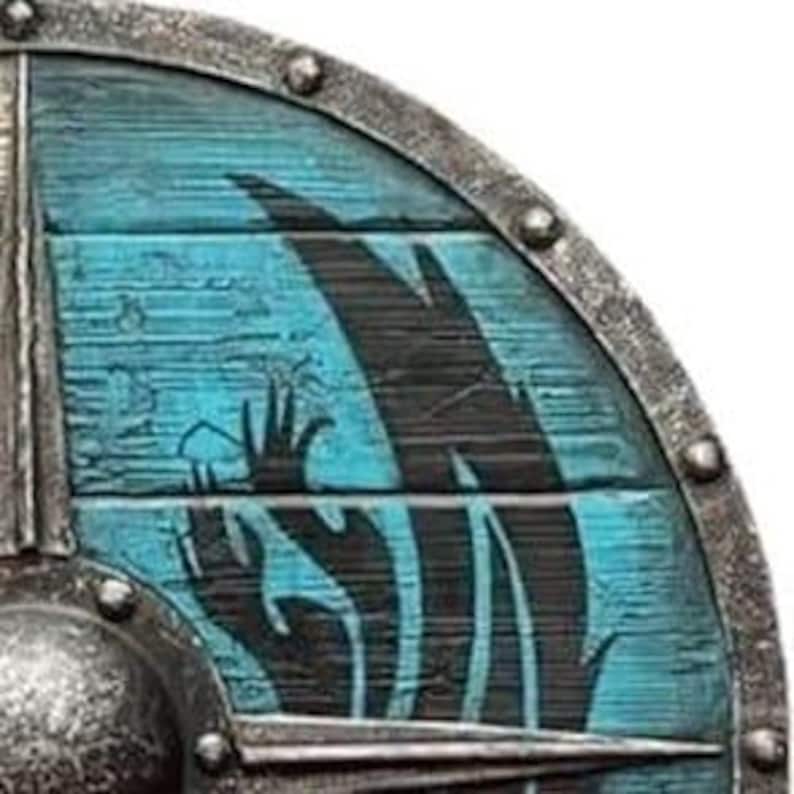 Handcrafted Viking Shield with Blue & White Dragon, Steel Boss view 6