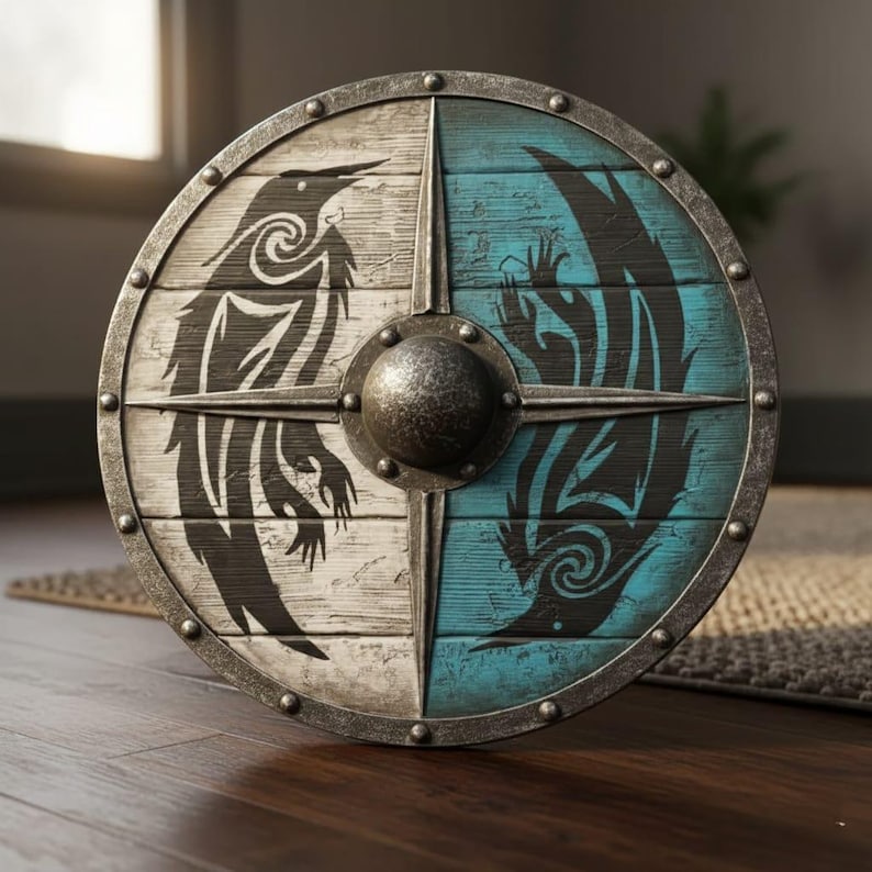 Handcrafted Viking Shield with Blue & White Dragon, Steel Boss view 8