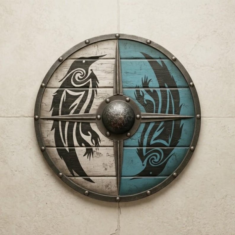 Handcrafted Viking Shield with Blue & White Dragon, Steel Boss view 13