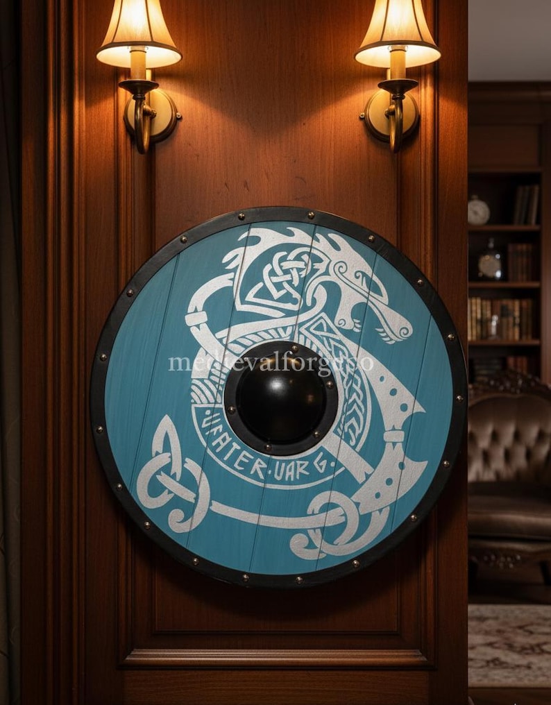 Viking Round Shield with Blue Dragon Design Wood with Metal Boss view 2