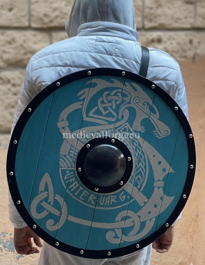 Viking Round Shield with Blue Dragon Design Wood with Metal Boss view 3