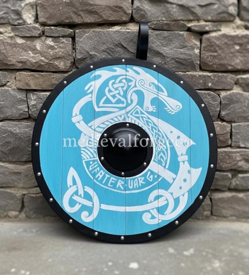 Viking Round Shield with Blue Dragon Design Wood with Metal Boss view 7