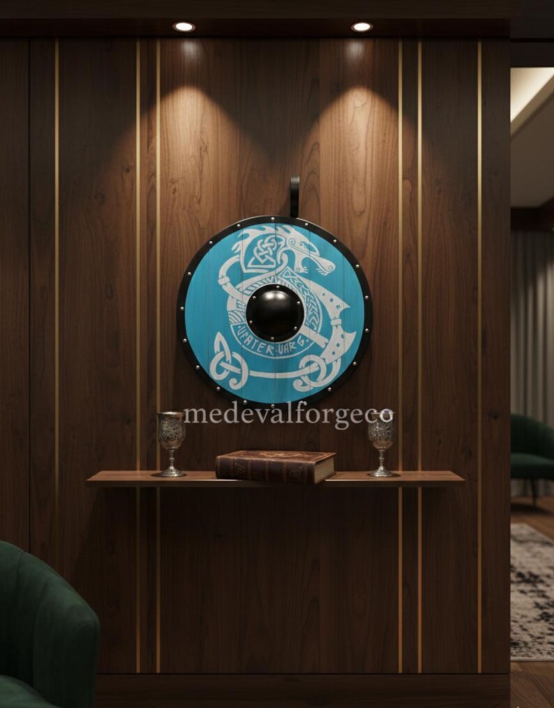 Viking Round Shield with Blue Dragon Design Wood with Metal Boss view 8