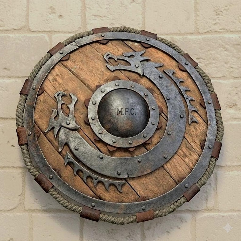 Handcrafted Viking Engraved Dragon Round Shield with Norse Wall Décor view 2
