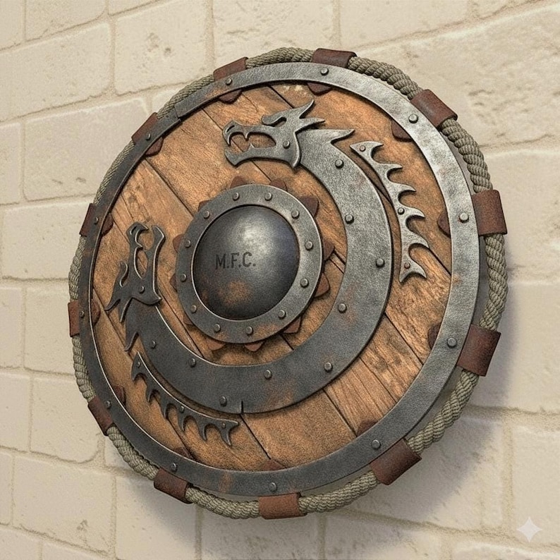 Handcrafted Viking Engraved Dragon Round Shield with Norse Wall Décor view 3