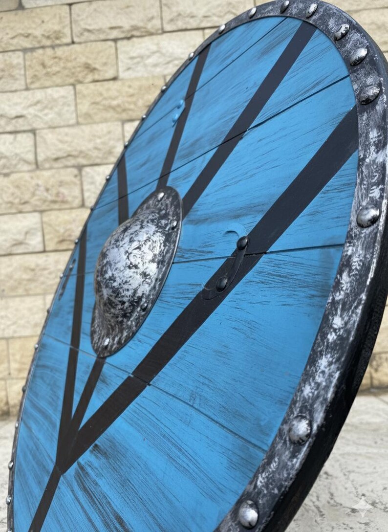 Handcrafted Blue Viking Shield with Norse Cosplay LARP Décor view 2