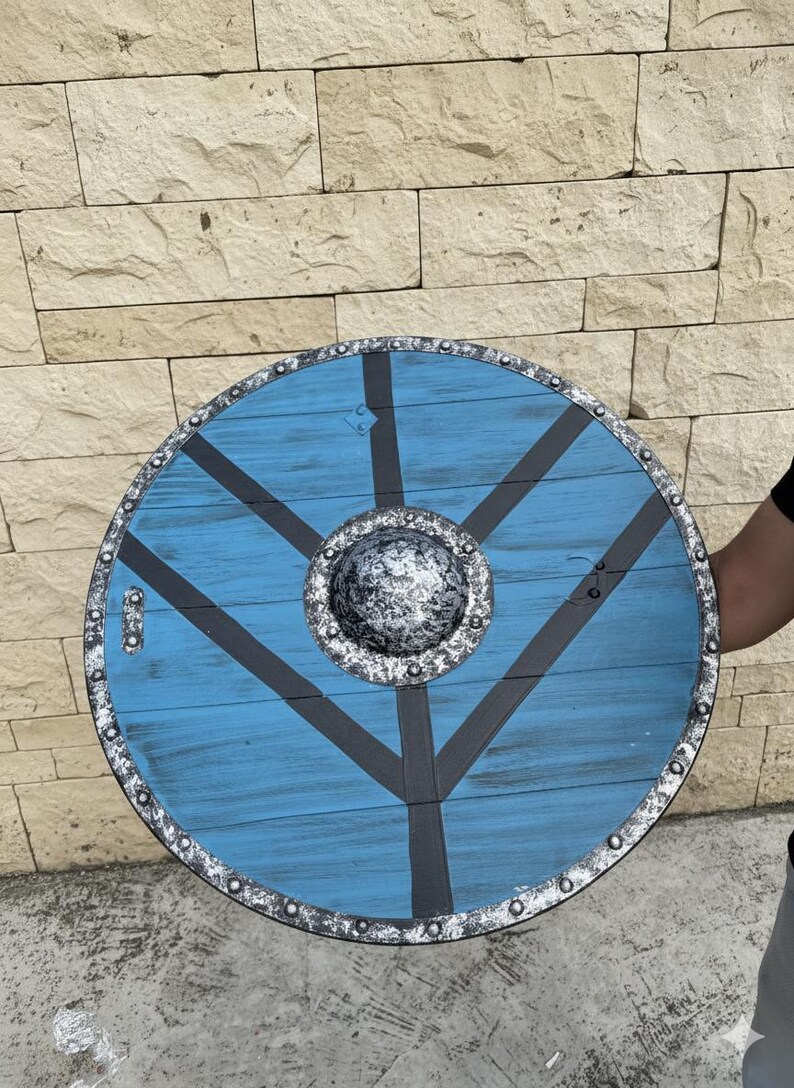 Handcrafted Blue Viking Shield with Norse Cosplay LARP Décor view 4