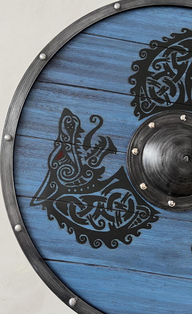 Handmade Viking Shield with Fenrir Wolf Knot Blue Wood LARP view 2