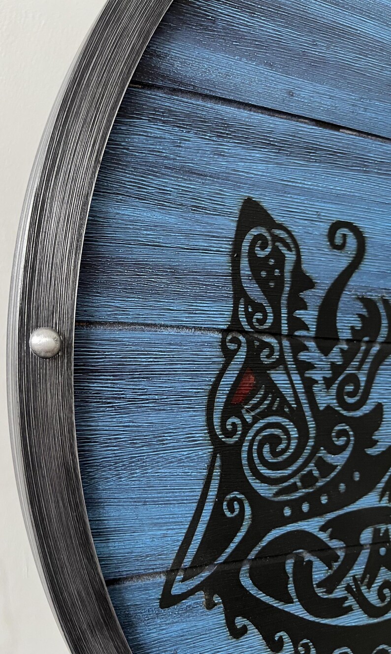 Handmade Viking Shield with Fenrir Wolf Knot Blue Wood LARP view 4