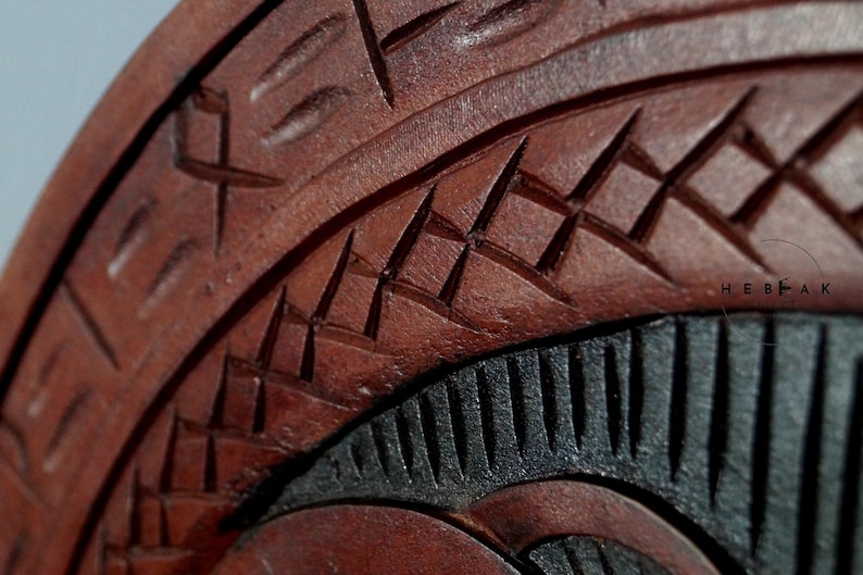 Hand-Carved Wooden Viking Shield with Norse Décor view 2
