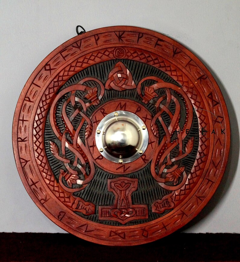 Hand-Carved Wooden Viking Shield with Norse Décor view 5