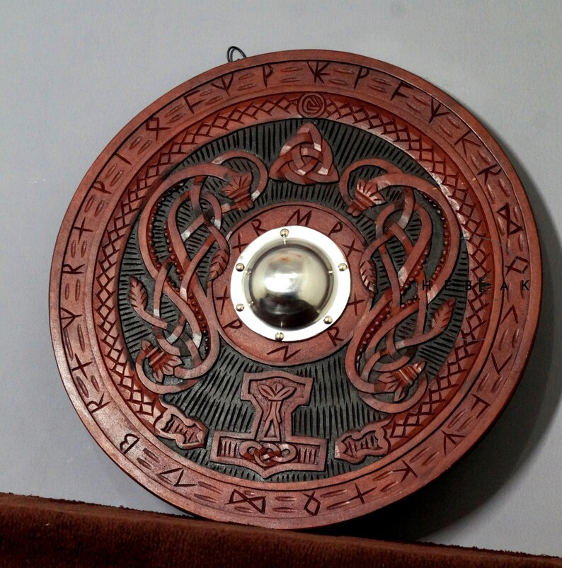 Hand-Carved Wooden Viking Shield with Norse Décor view 7