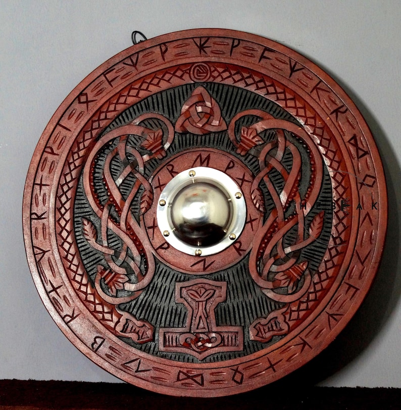 Hand-Carved Wooden Viking Shield with Norse Décor view 11