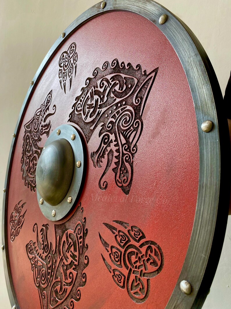 Hand Engraved Viking Wolf Shield with Red Norse Décor LARP view 4