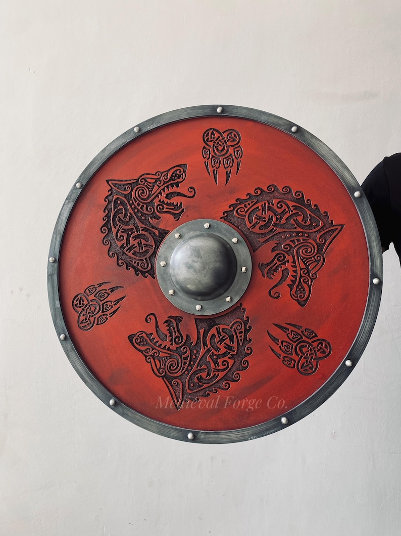Hand Engraved Viking Wolf Shield with Red Norse Décor LARP view 5