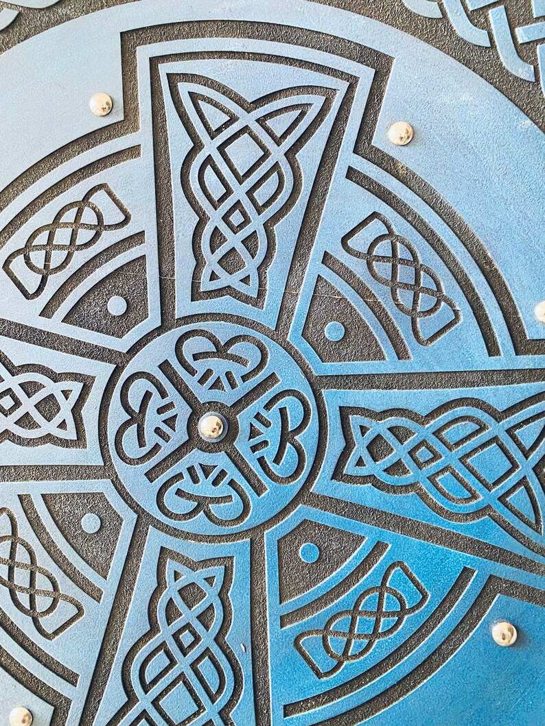 Hand Engraved Celtic Cross Shield with Norse Viking Décor view 2