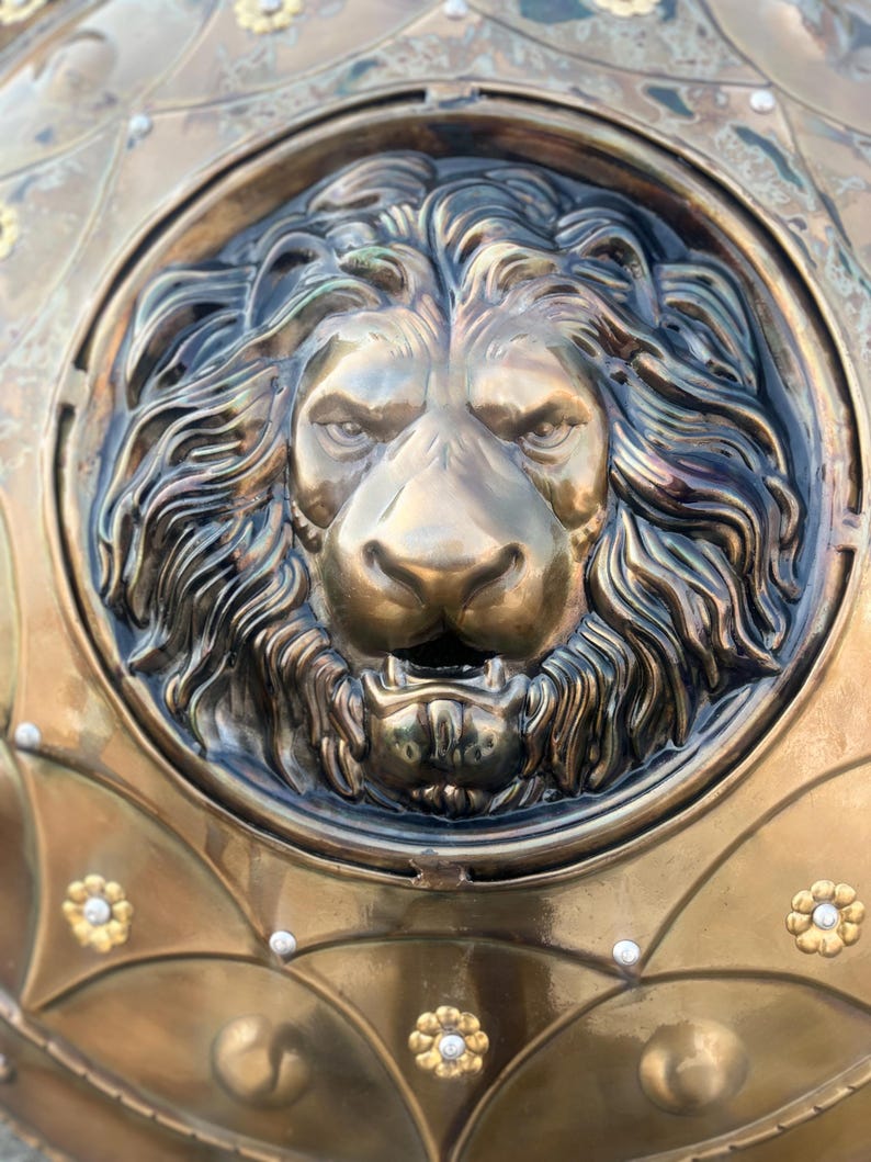 Medieval Viking Damage Lion Face Shield with Battle Warrior view 2