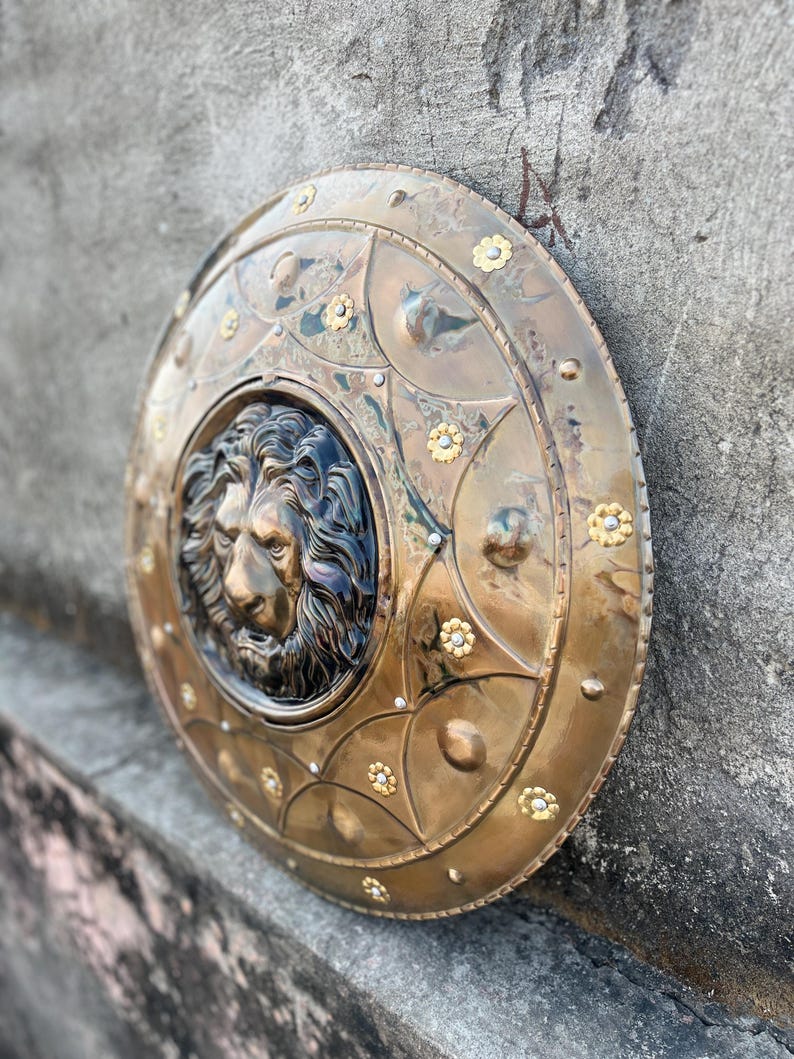 Medieval Viking Damage Lion Face Shield with Battle Warrior view 3