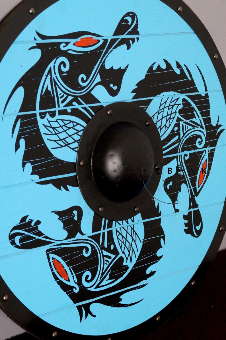 Fenrir Grey Wolf Viking Shield with Norse Warrior view 2