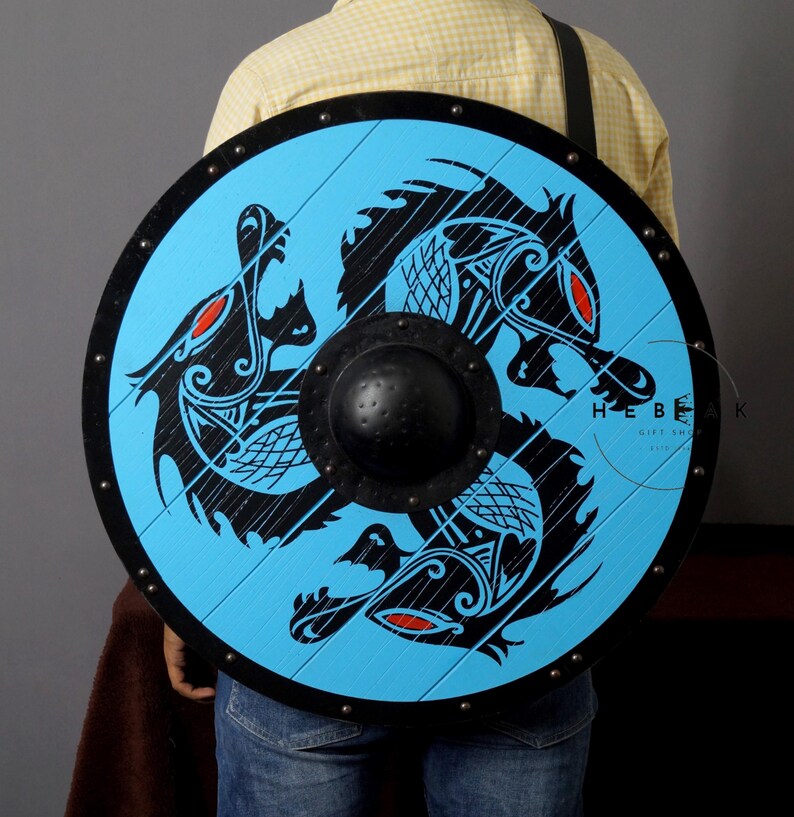 Fenrir Grey Wolf Viking Shield with Norse Warrior view 7