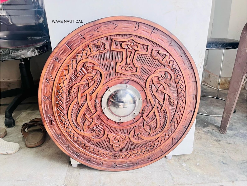 Wooden Carved Shield with Battle Ready Viking Round, Wolf Dragon view 2