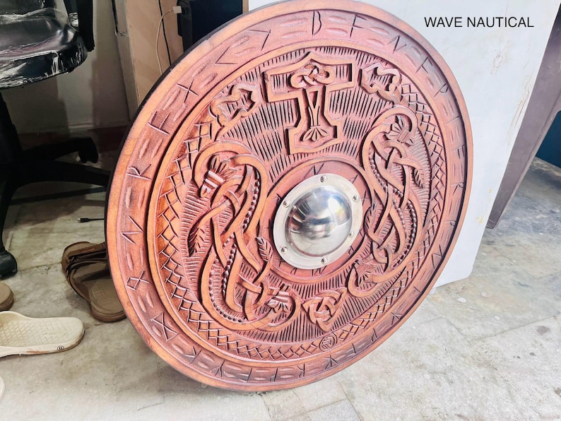 Wooden Carved Shield with Battle Ready Viking Round, Wolf Dragon view 6