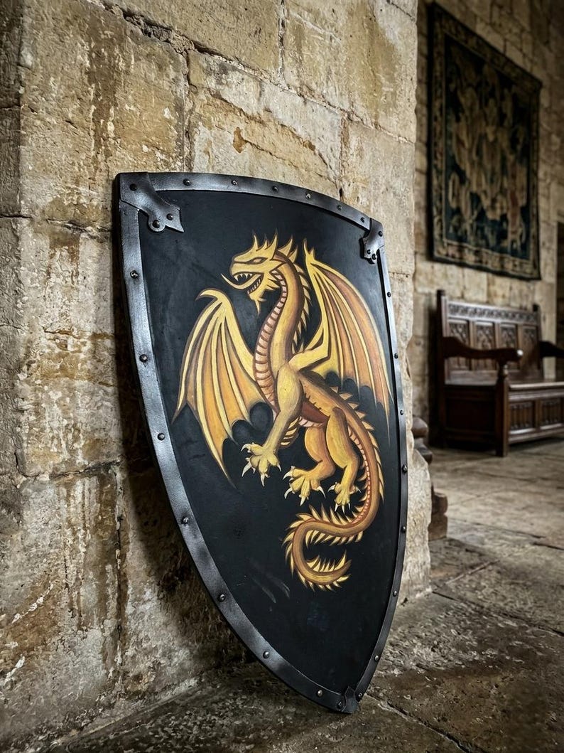 Golden Dragon Medieval Shield with Hand-Painted Wall Décor view 3