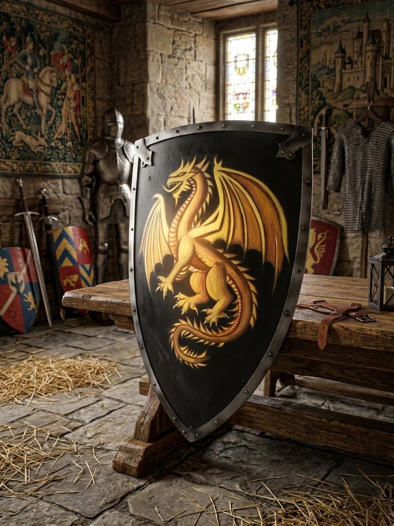 Golden Dragon Medieval Shield with Hand-Painted Wall Décor view 4