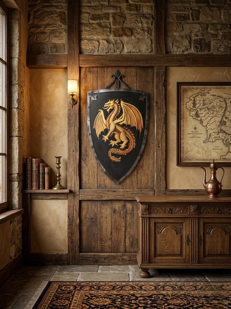 Golden Dragon Medieval Shield with Hand-Painted Wall Décor view 6