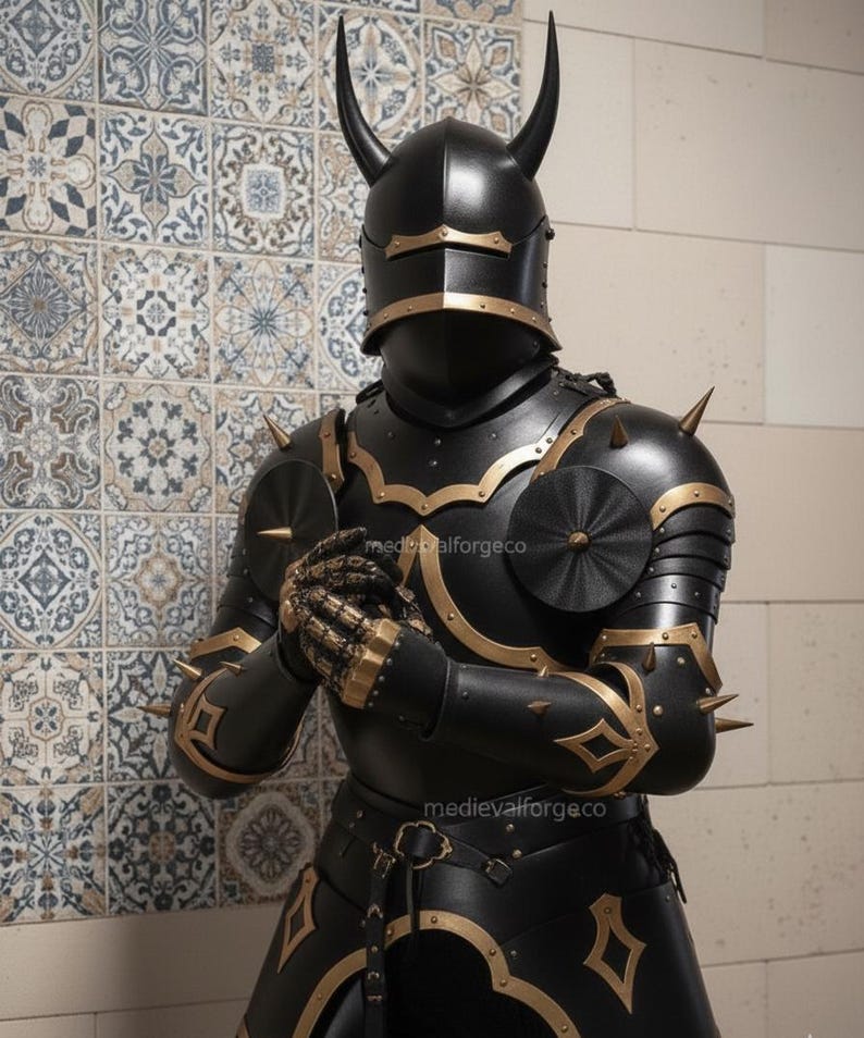 Medieval Black Gothic Knight Demon Armor with Horned Dark Fantasy Plate view 3