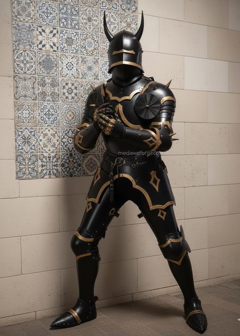 Medieval Black Gothic Knight Demon Armor with Horned Dark Fantasy Plate view 7