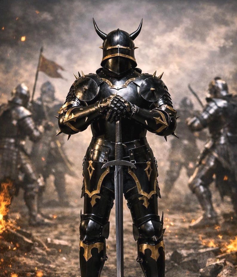 Medieval Black Gothic Knight Demon Armor with Horned Dark Fantasy Plate view 14