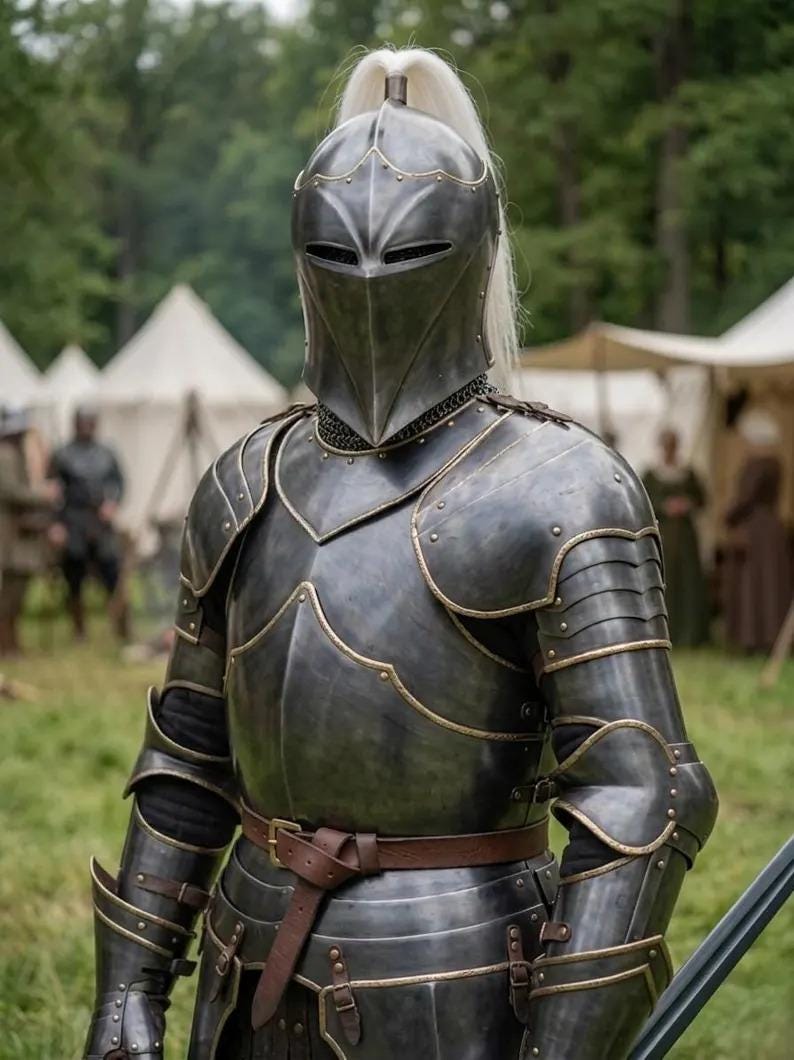 Dark Gothic Knight Armor Set with Brass Finish and Crusader Eagle view 3