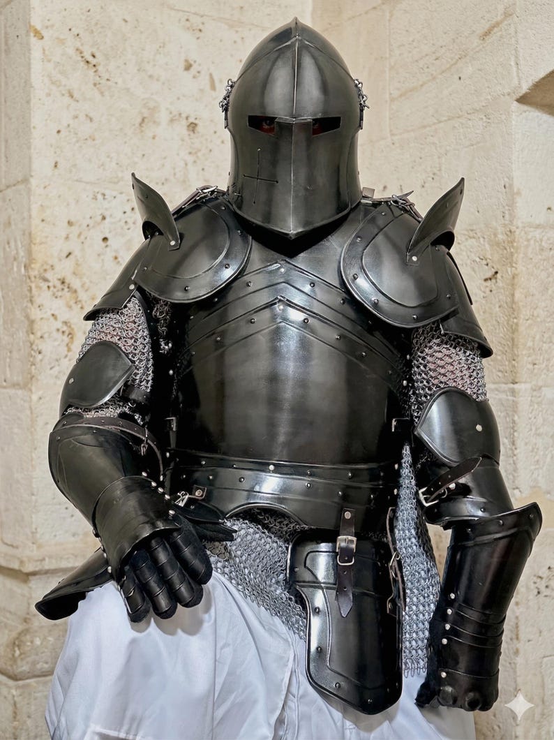 Dark Knight Barbuta Full Armor Set with Crusader Gothic LARP Design view 3