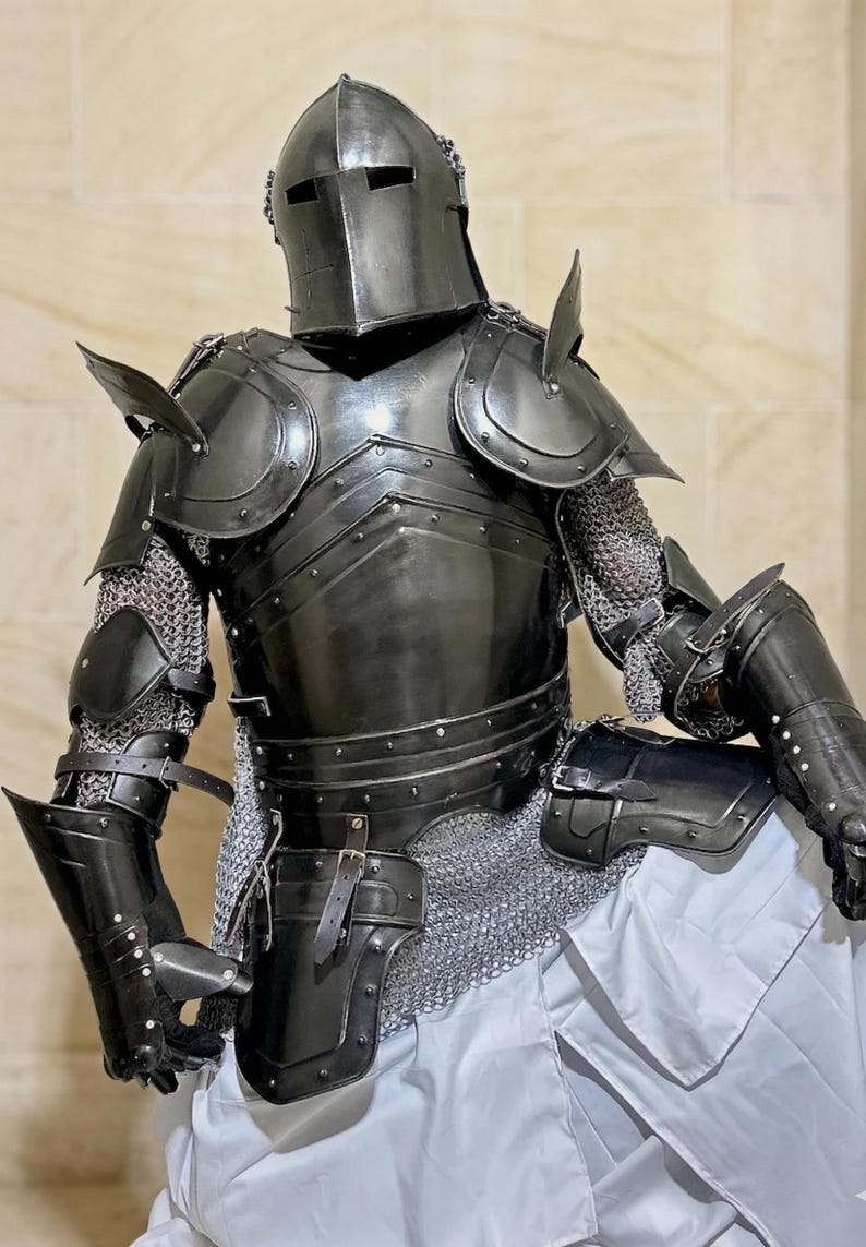 Dark Knight Barbuta Full Armor Set with Crusader Gothic LARP Design view 4