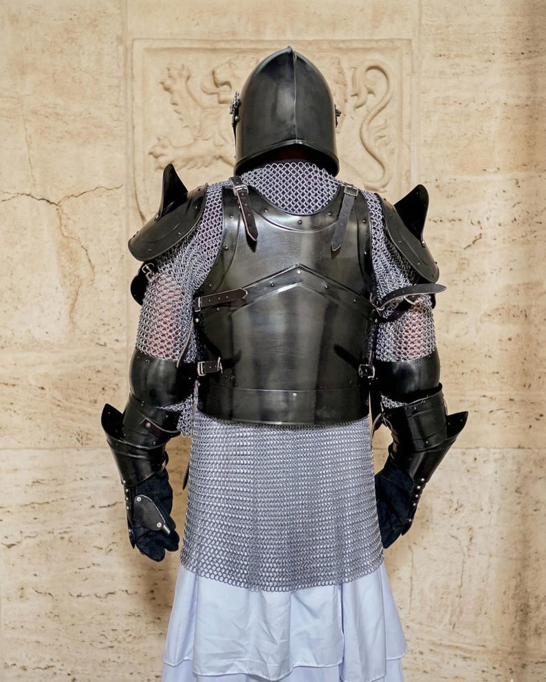Dark Knight Barbuta Full Armor Set with Crusader Gothic LARP Design view 6