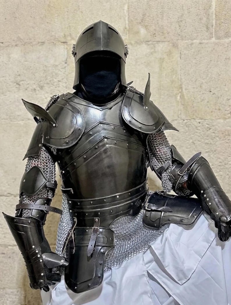 Dark Knight Barbuta Full Armor Set with Crusader Gothic LARP Design view 7