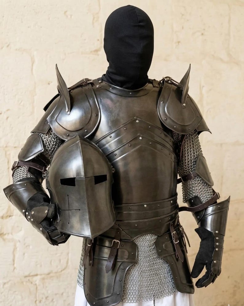 Dark Knight Barbuta Full Armor Set with Crusader Gothic LARP Design view 8
