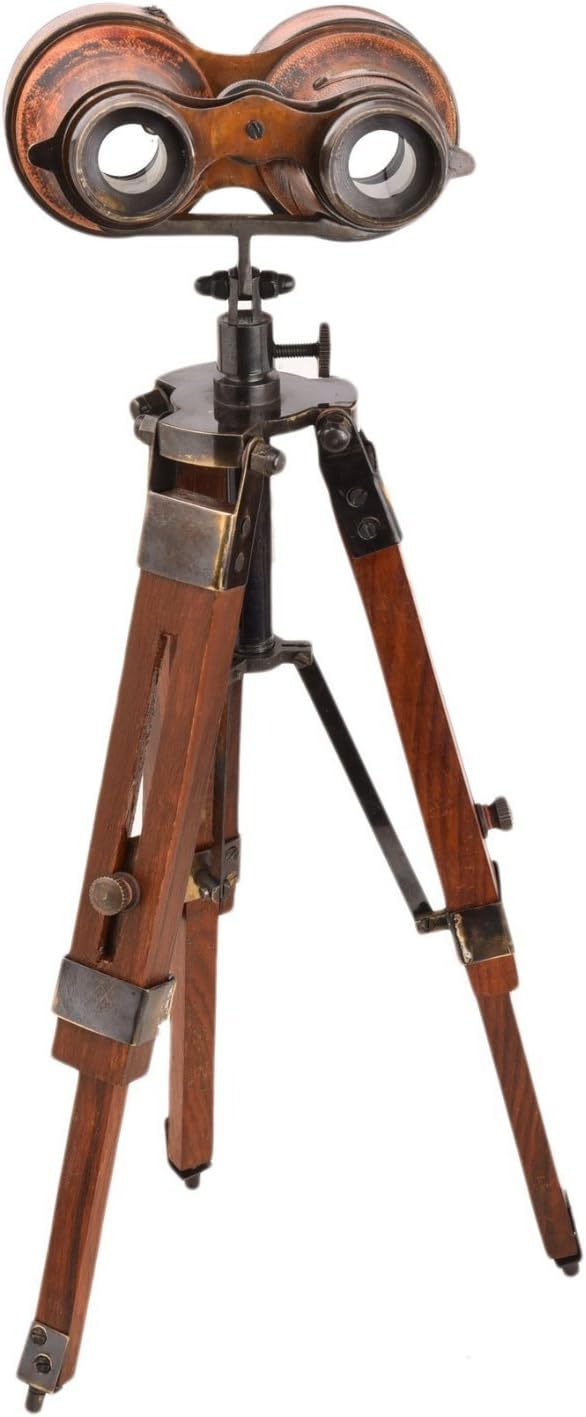 Brass Binocular with Red Leather Wrap and Wooden Tripod Stand view 3