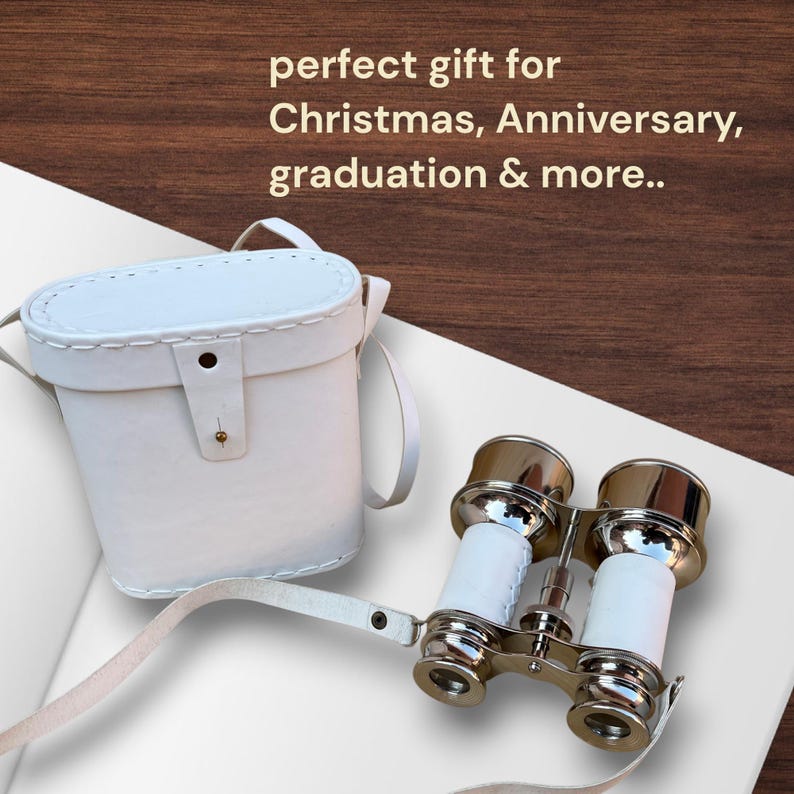 Nickel Chrome Brass Binocular with White Leather Wrap and Case view 2