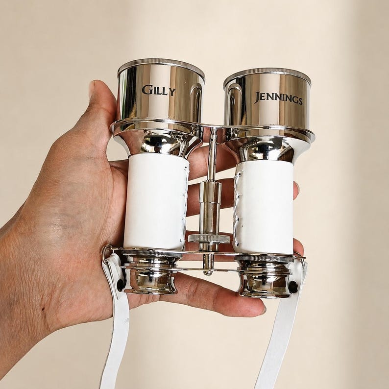 Nickel Chrome Brass Binocular with White Leather Wrap and Case view 4