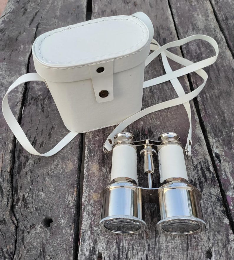 Nickel Chrome Brass Binocular with White Leather Wrap and Case view 9