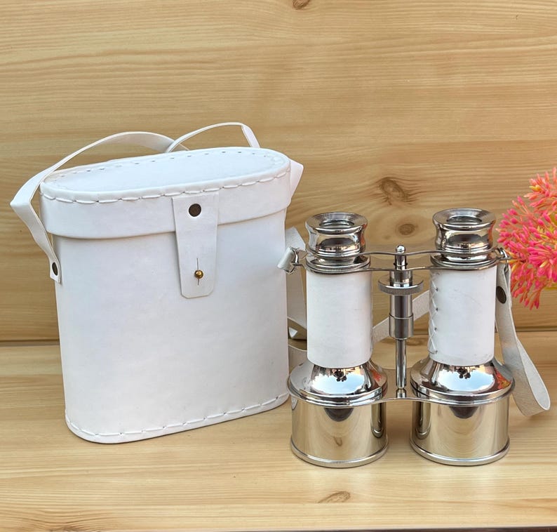 Nickel Chrome Brass Binocular with White Leather Wrap and Case view 14