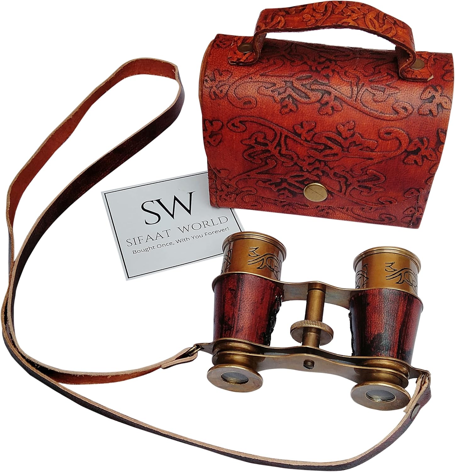 Compact Antique Brass Binocular with Red Leather Case view 6