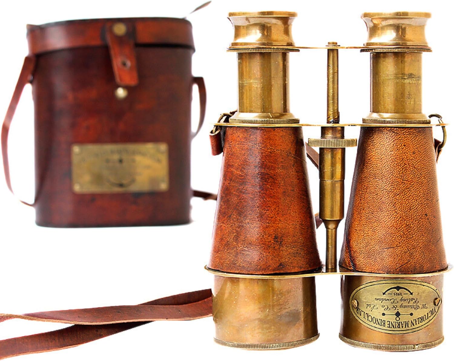 Victorian Brass Marine Binocular with Red Leather Wrap and Case view 2