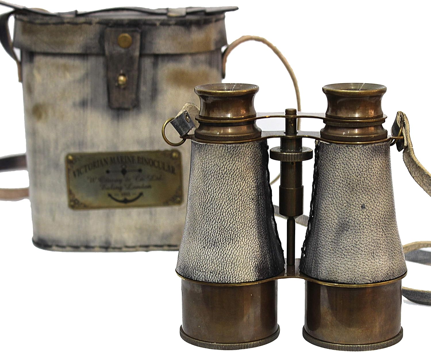Victorian Brass Marine Binocular with Grey Leather Wrap and Belt view 2
