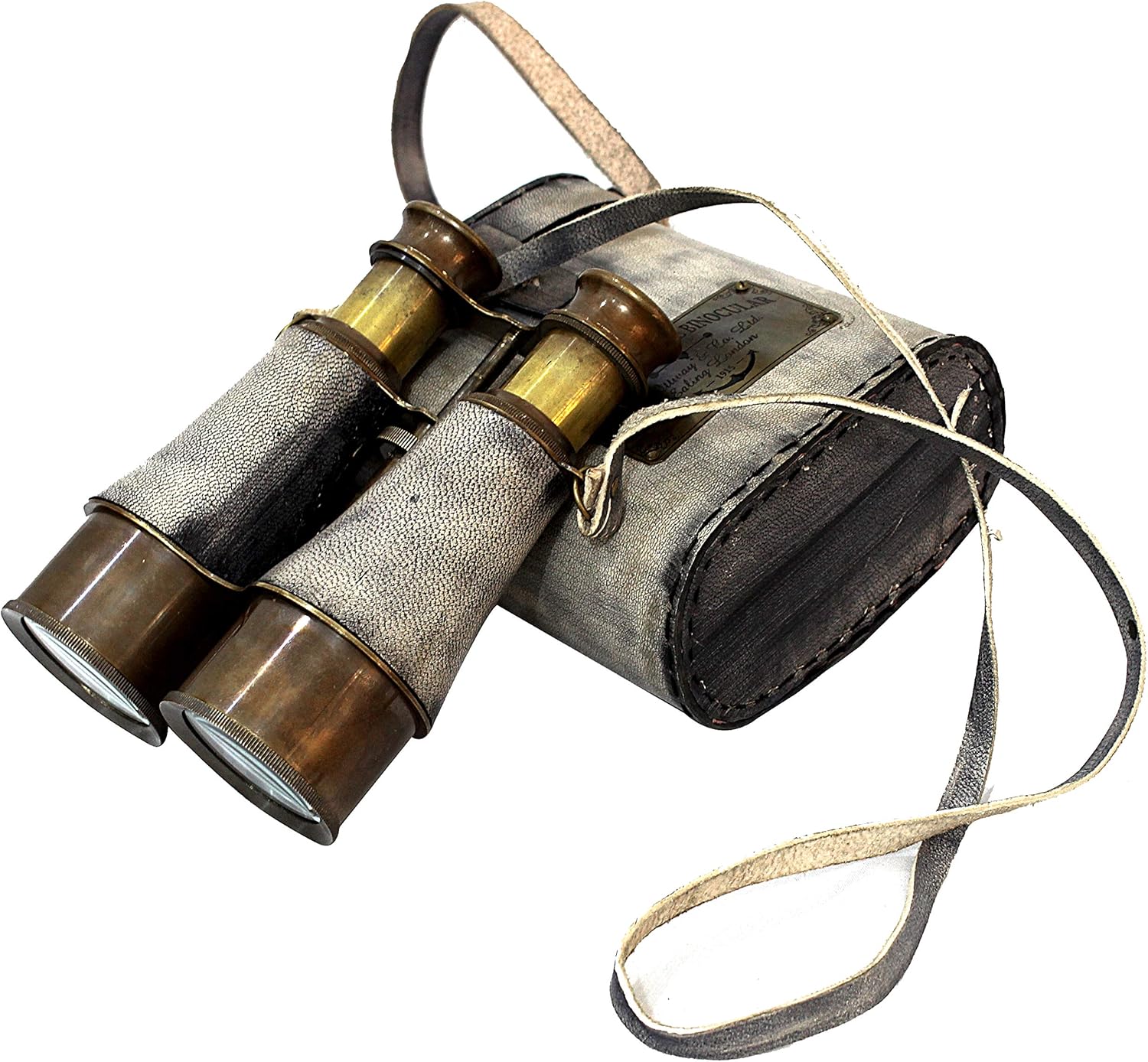 Victorian Brass Marine Binocular with Grey Leather Wrap and Belt view 5