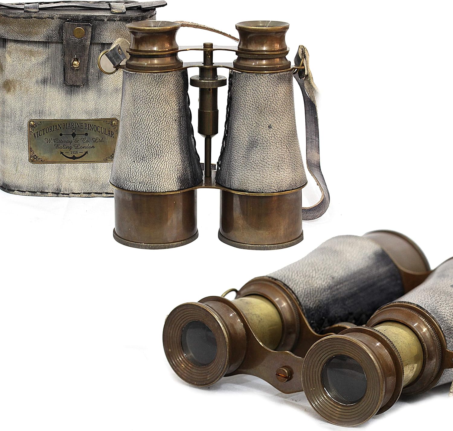Victorian Brass Marine Binocular with Grey Leather Wrap and Belt view 8