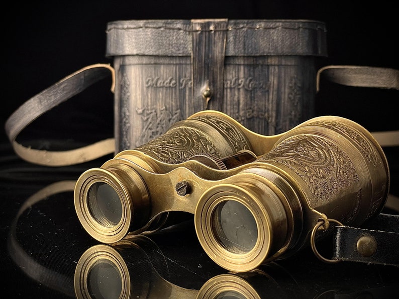 Antique Brass Binocular with Intricate Detail and Red Leather Case view 6