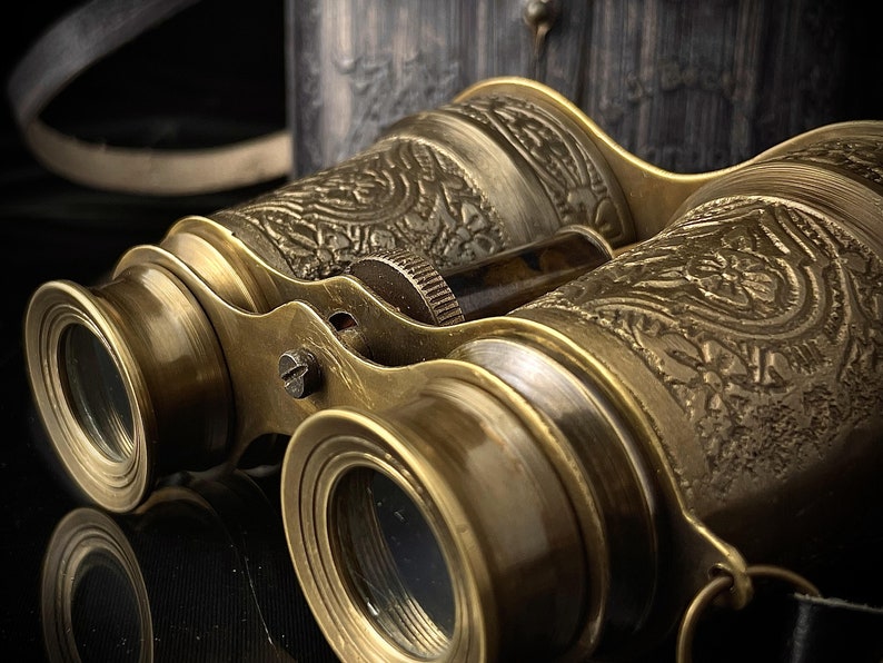 Antique Brass Binocular with Intricate Detail and Red Leather Case view 7